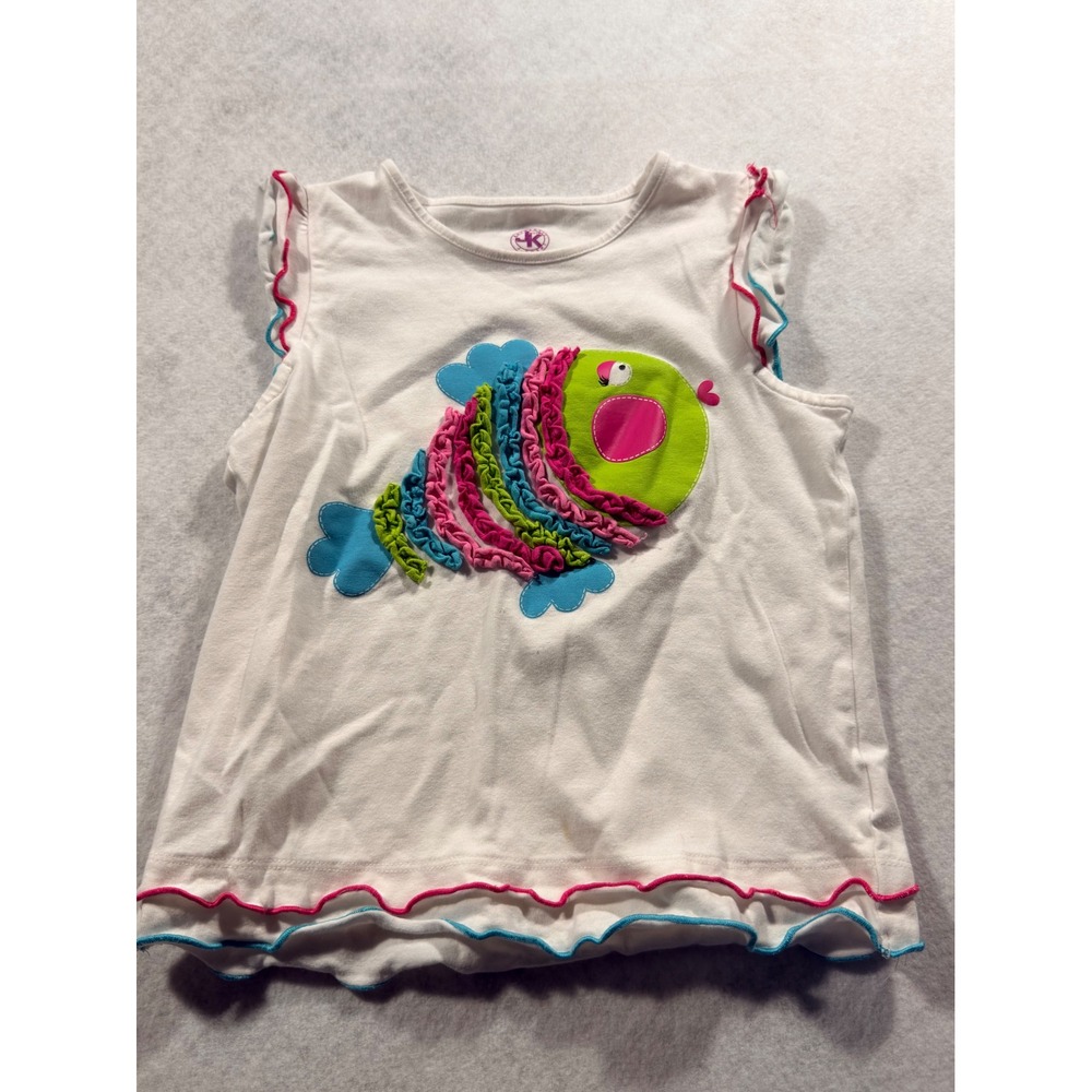 J Khaki Girls White Ruffle Fish Applique Sleeveless Top Size 6 Lettuce Edge Trim